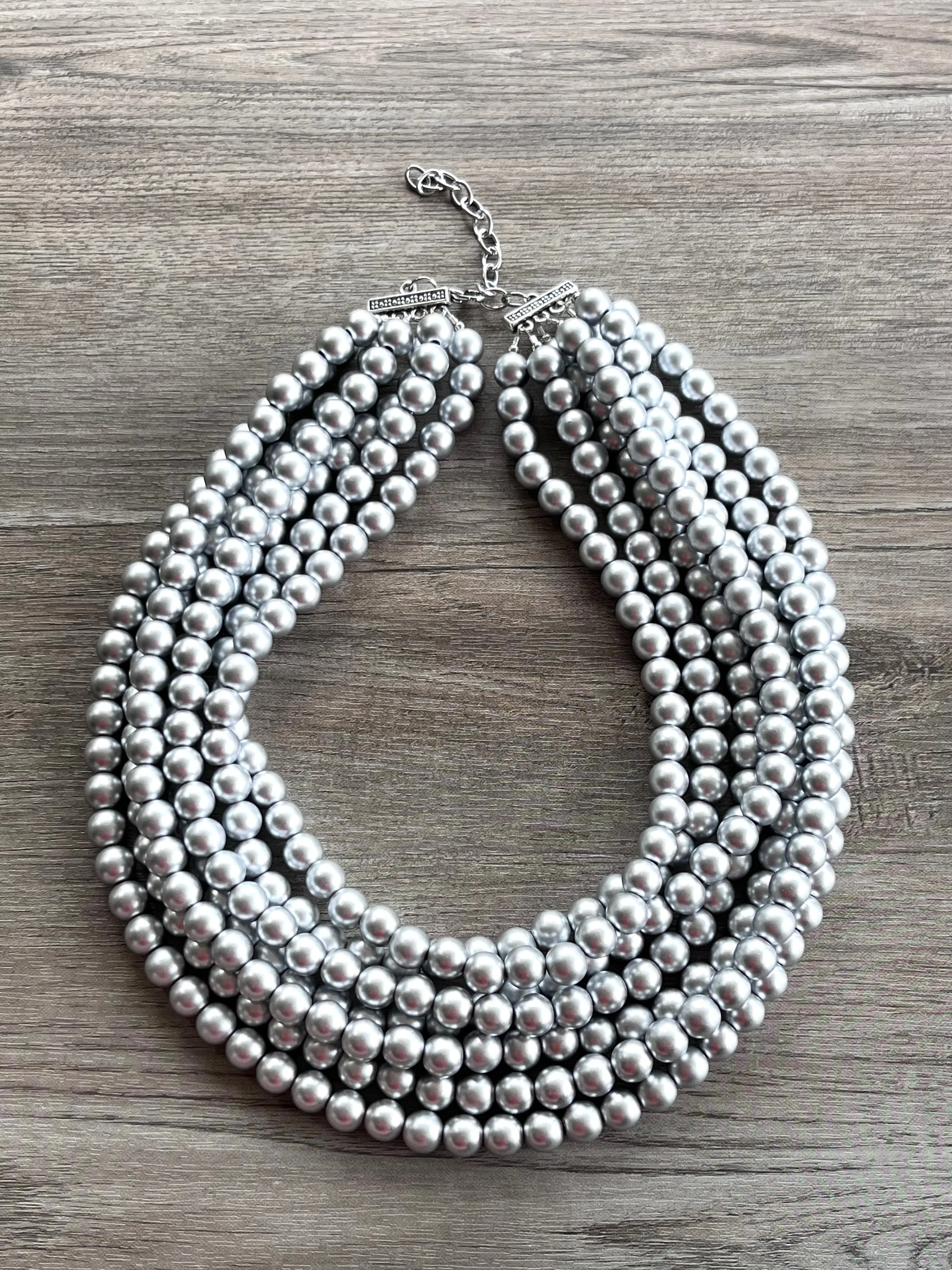 Silver Matte Beaded Acrylic Chunky Multi Strand Statement Necklace - Alana