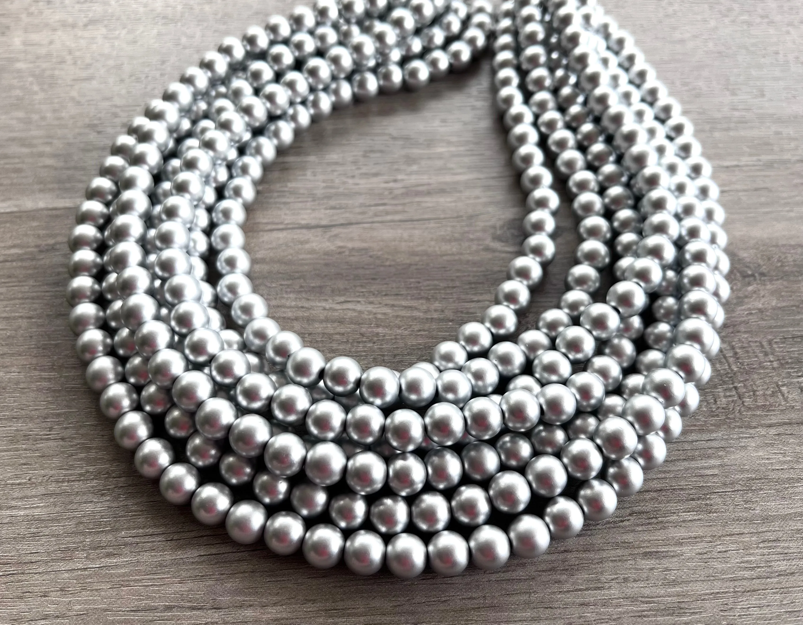 Silver Matte Beaded Acrylic Chunky Multi Strand Statement Necklace - Alana