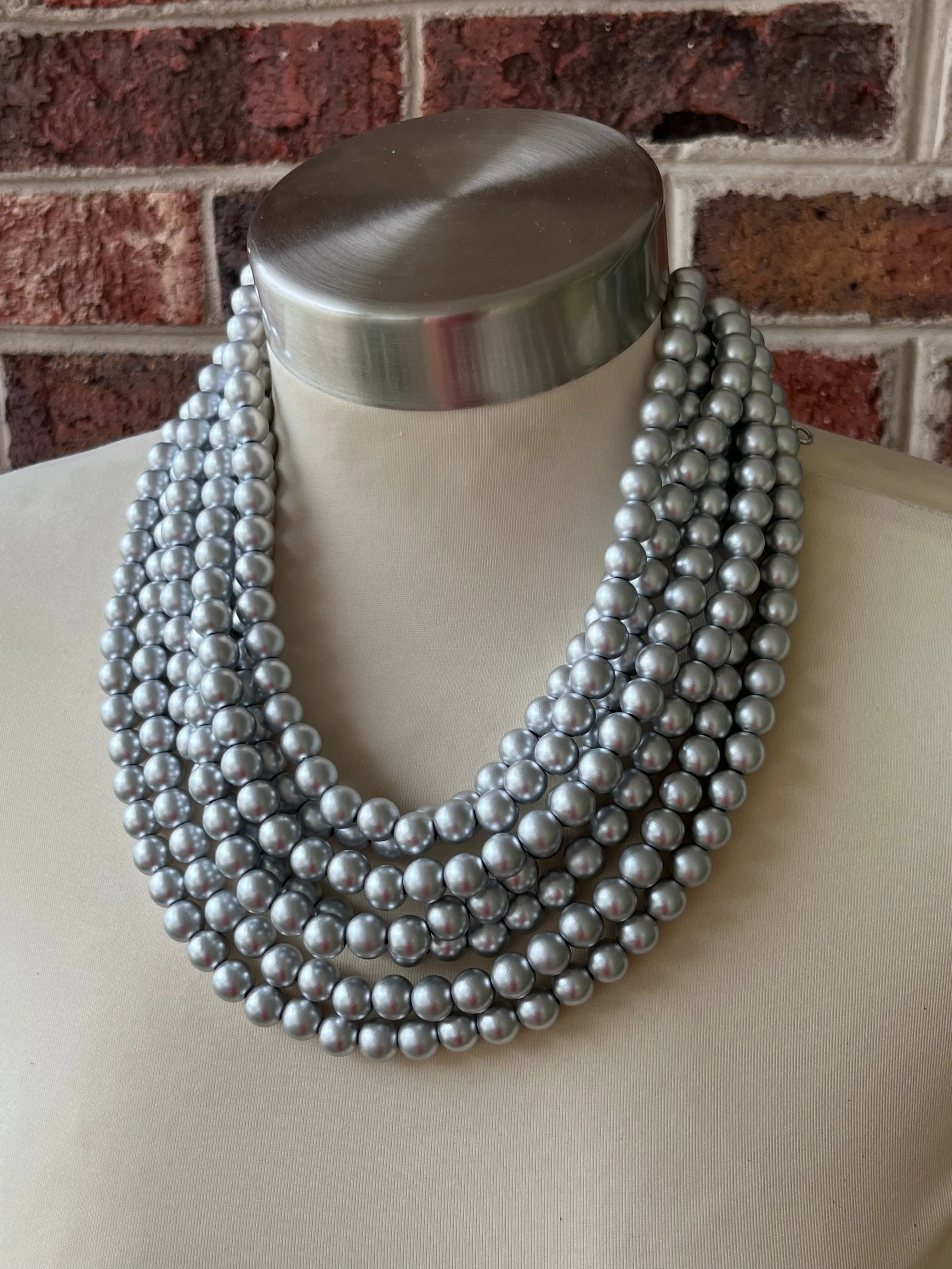 Silver Matte Beaded Acrylic Chunky Multi Strand Statement Necklace - Alana