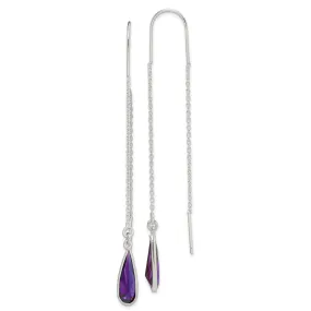 Silver Purple C.Z Teardrop Threader Earrings