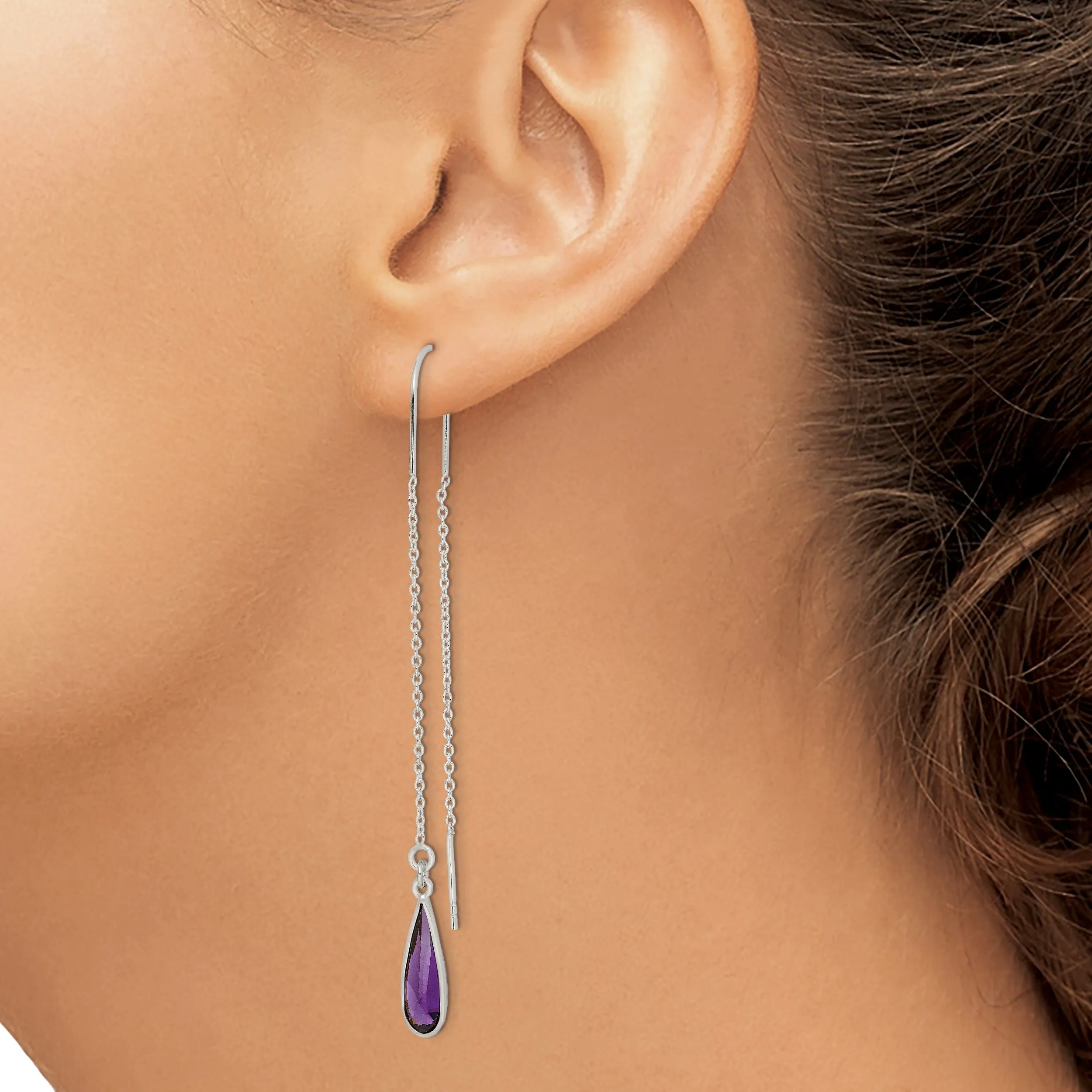 Silver Purple C.Z Teardrop Threader Earrings