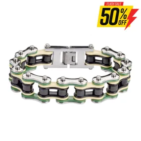 SK1314 3/4" Wide Quad Color Silver Green Tan Black Double Link Design Men's Stainless Steel Motorcycle Chain Bracelet