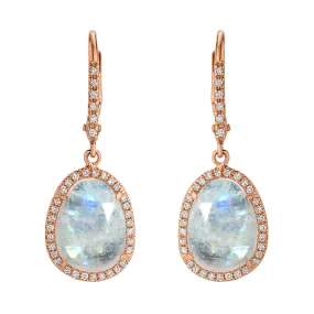 Small Organic Shape Rainbow Moonstone and Diamond Drop Earrings