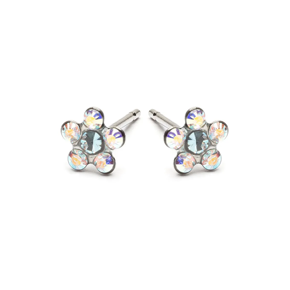 Stainless Steel Aurora Borealis And Aqua Daisy Stud Earrings