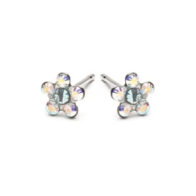 Stainless Steel Aurora Borealis And Aqua Daisy Stud Earrings