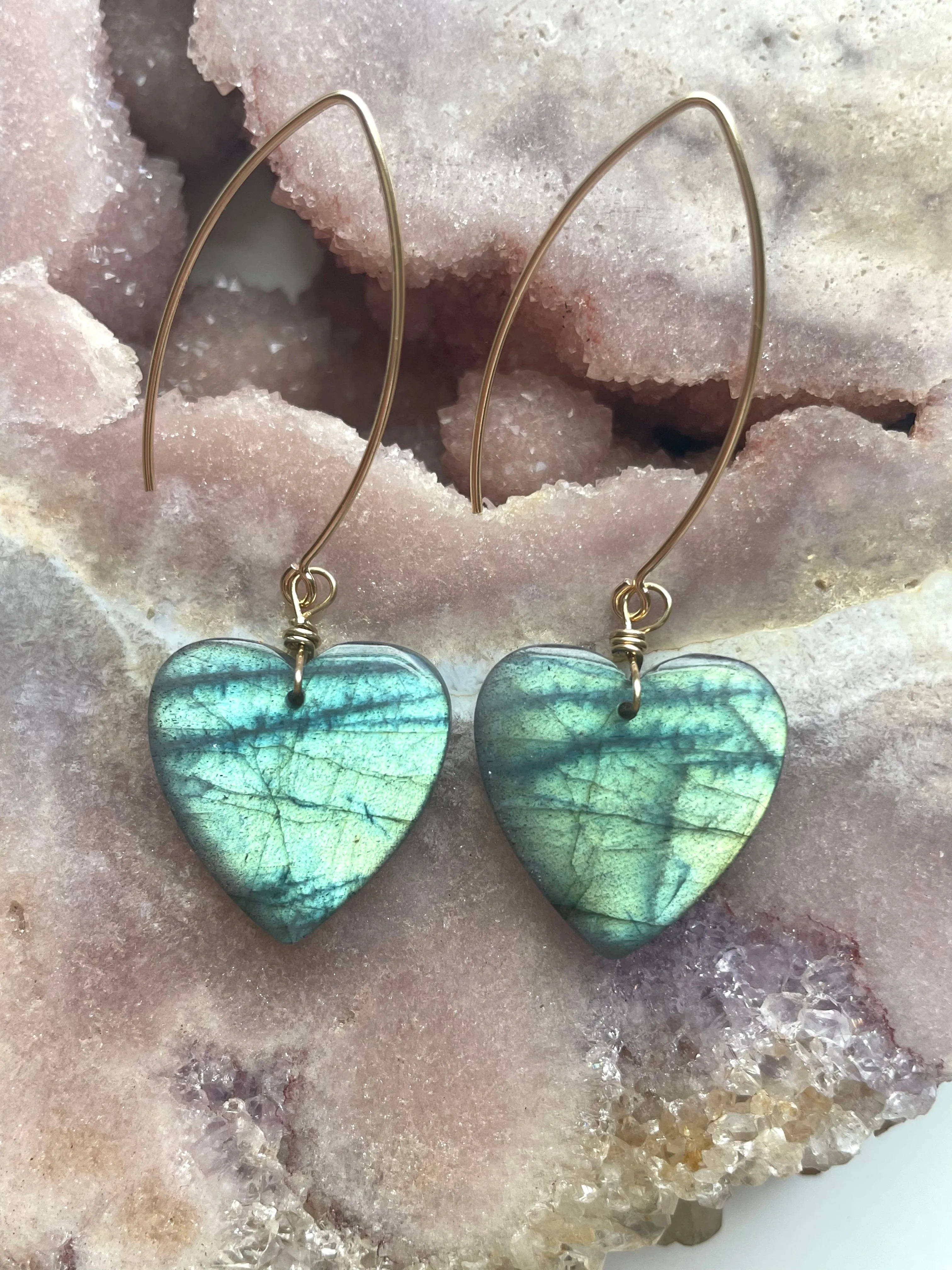 Statement Gold Labradorite Heart Dangle Drop Crystal Earrings