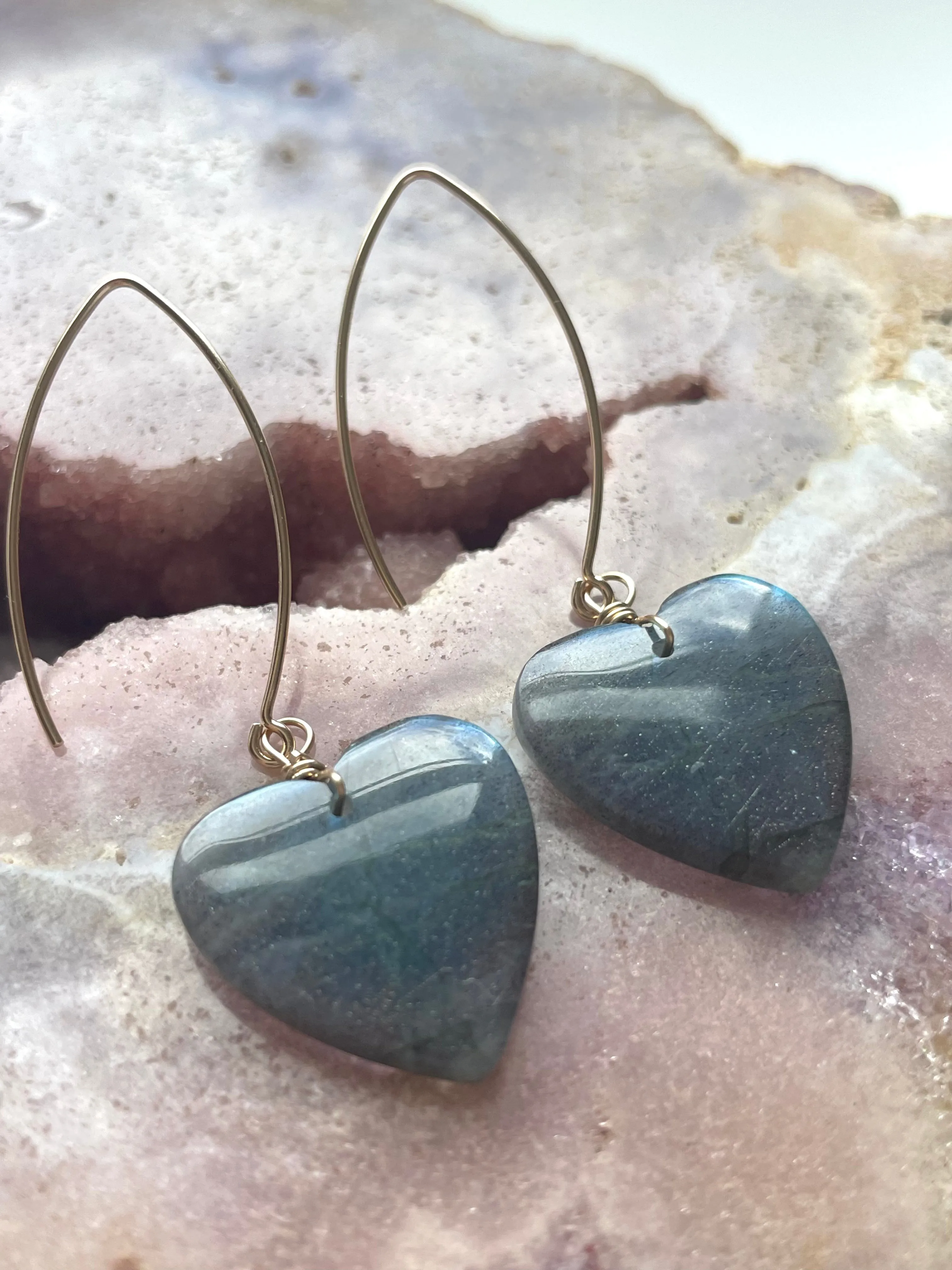 Statement Gold Labradorite Heart Dangle Drop Crystal Earrings