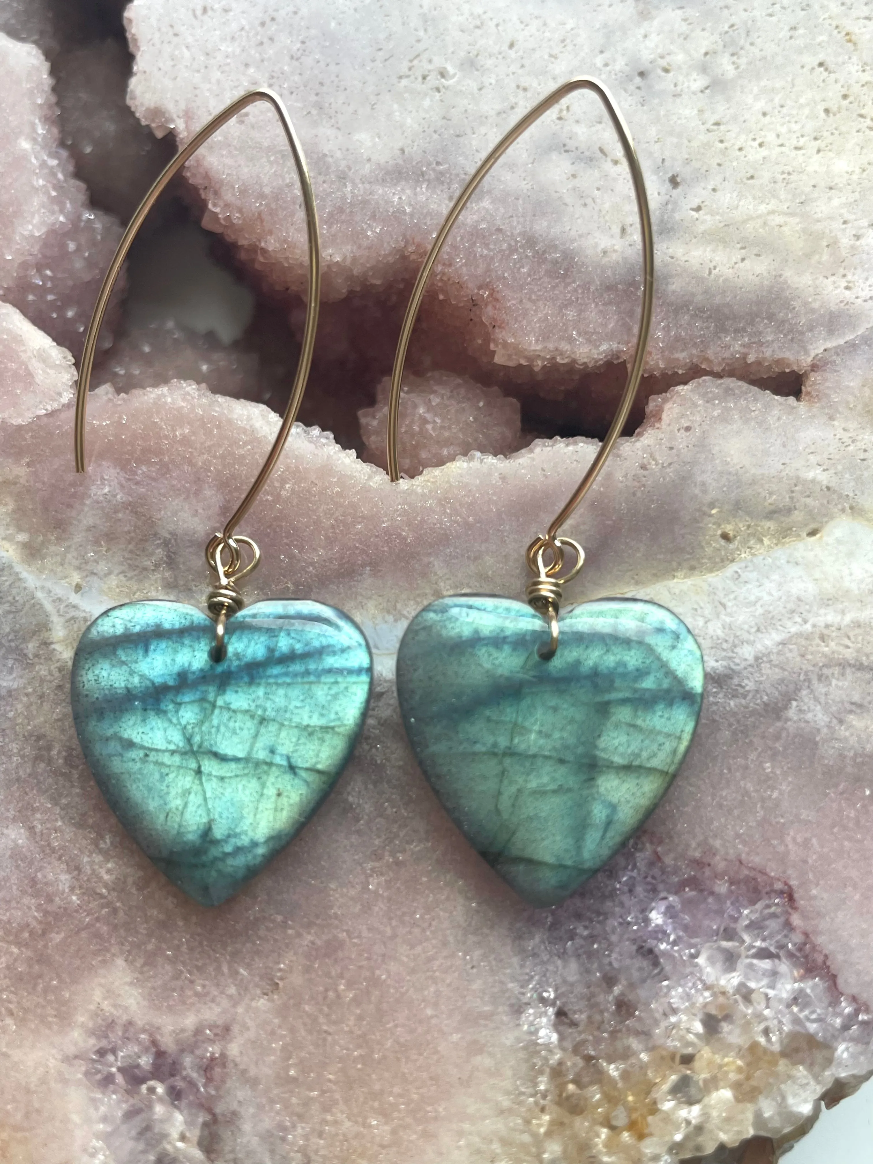 Statement Gold Labradorite Heart Dangle Drop Crystal Earrings