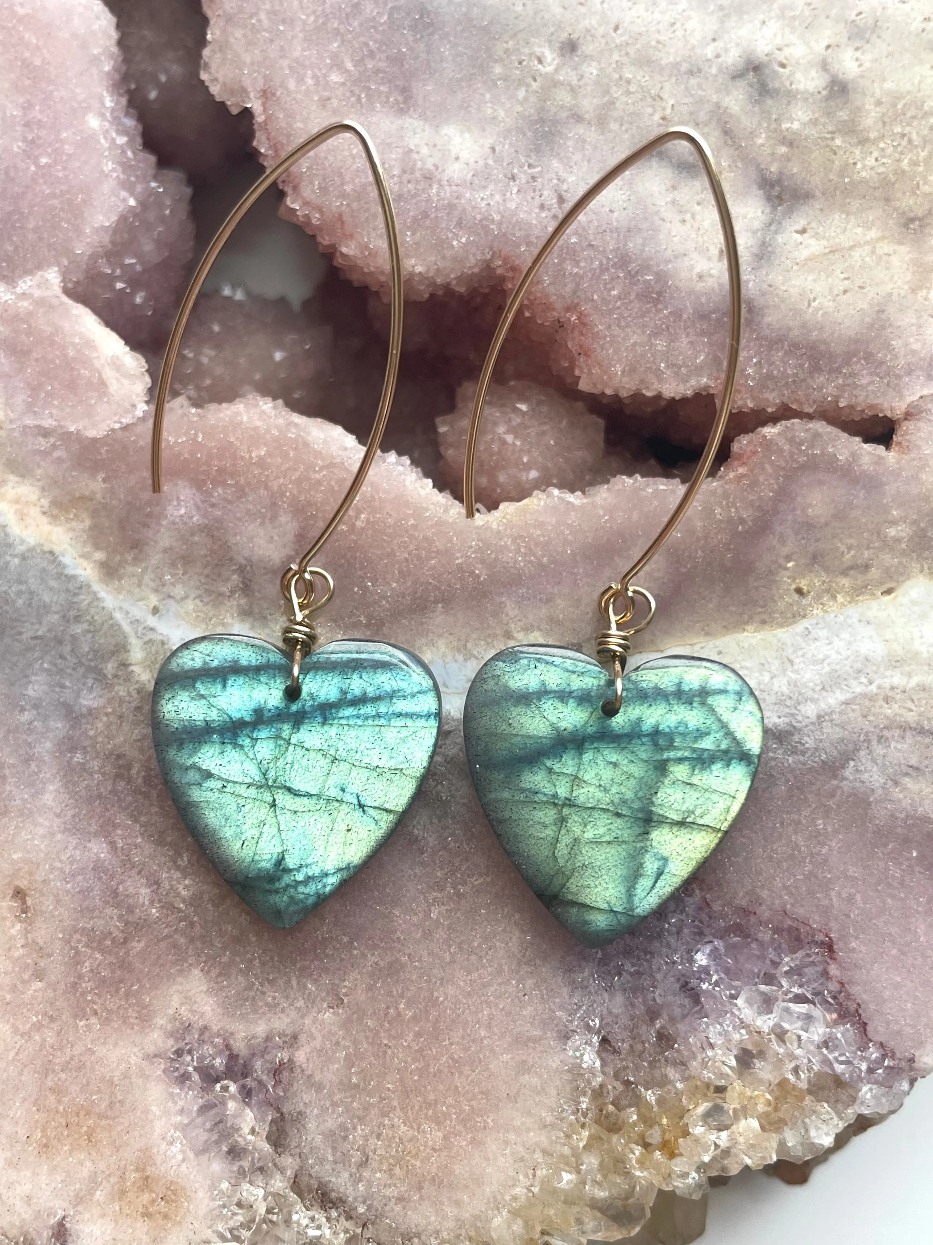 Statement Gold Labradorite Heart Dangle Drop Crystal Earrings