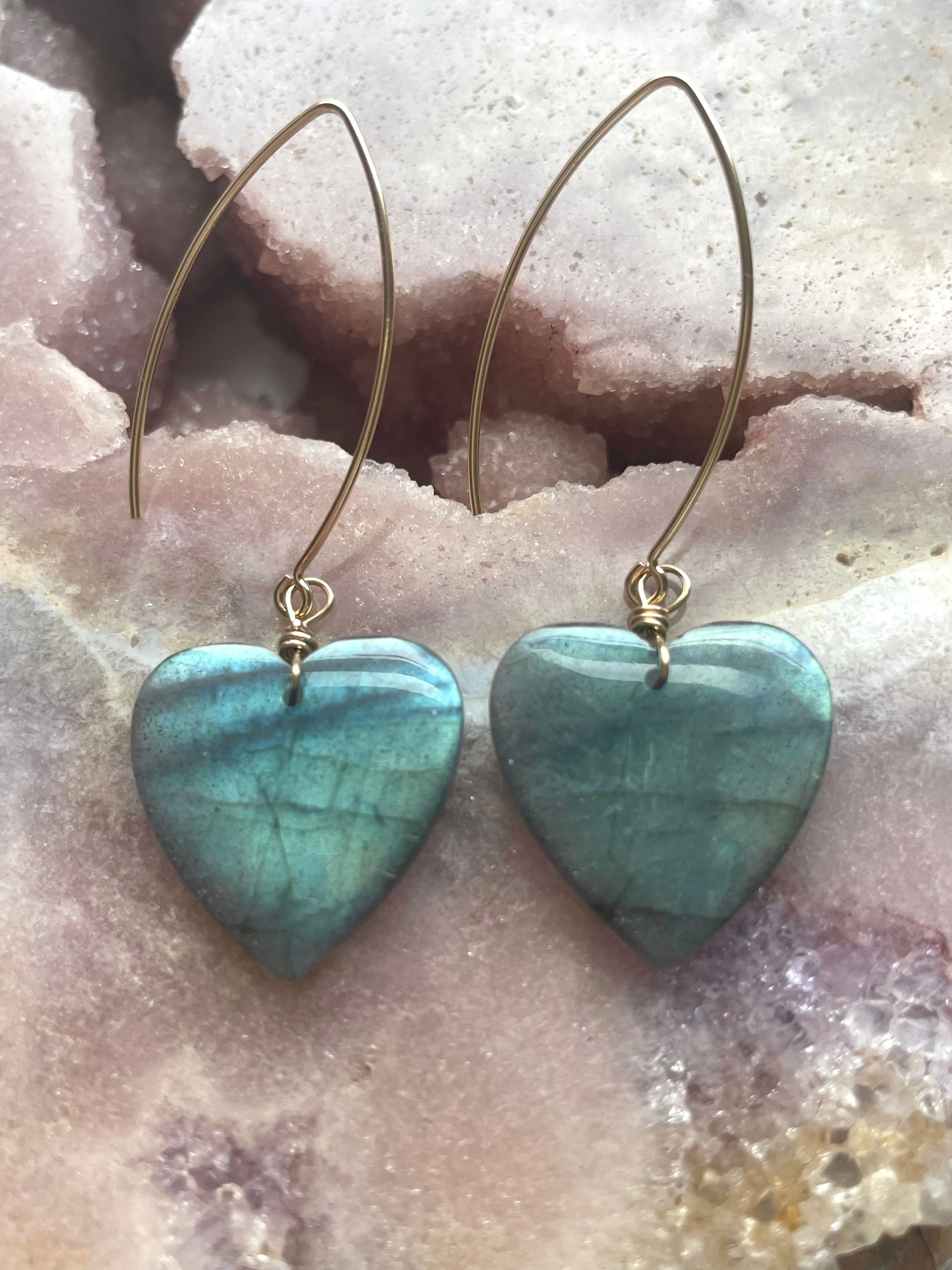 Statement Gold Labradorite Heart Dangle Drop Crystal Earrings