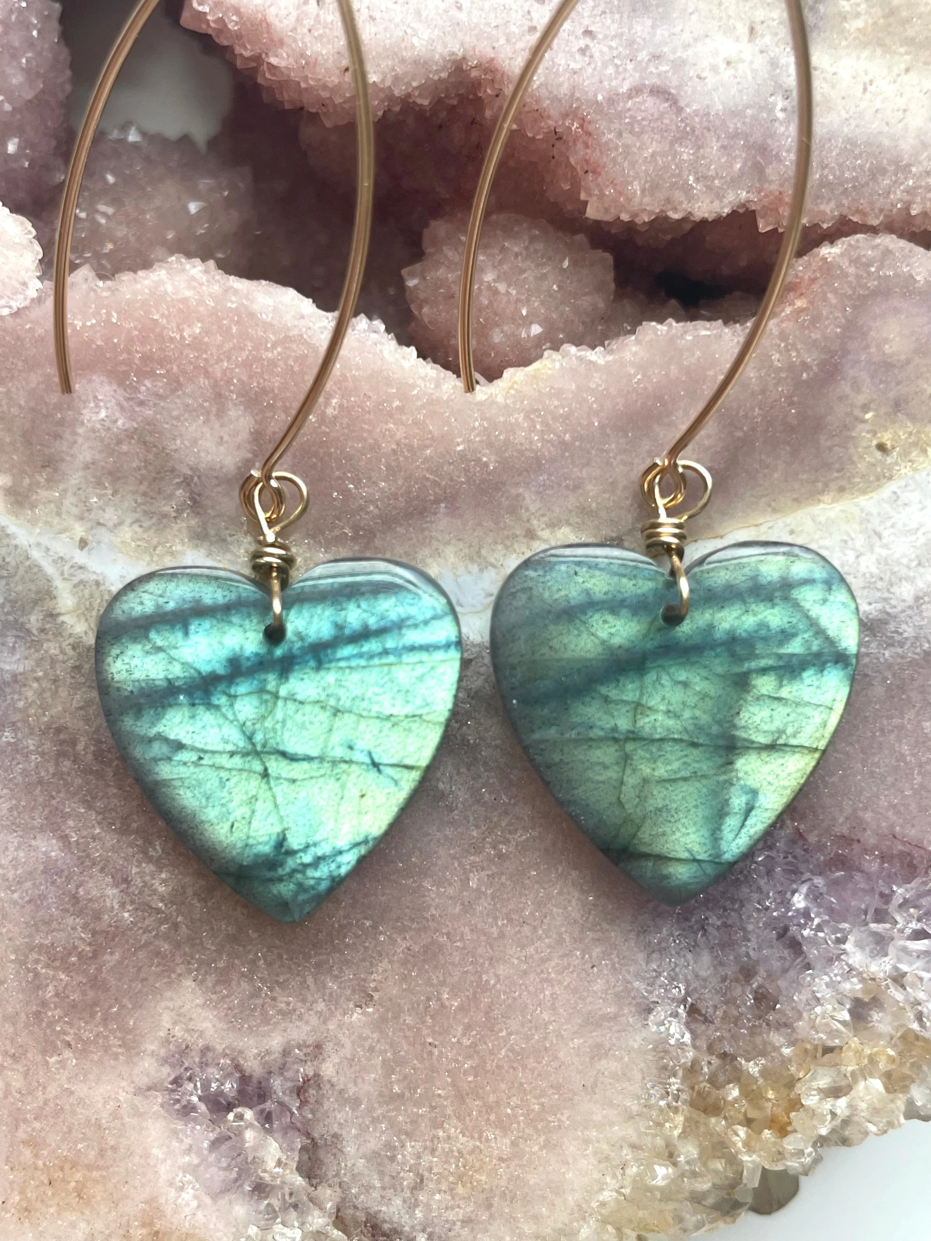 Statement Gold Labradorite Heart Dangle Drop Crystal Earrings