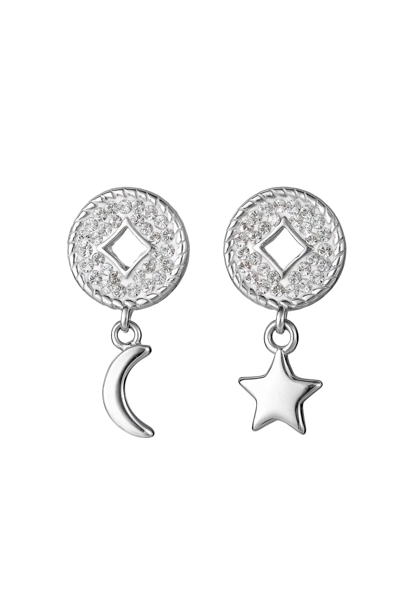 Sterling Silver Crystal Crescent Moon and Star Drop Round Stud Earrings