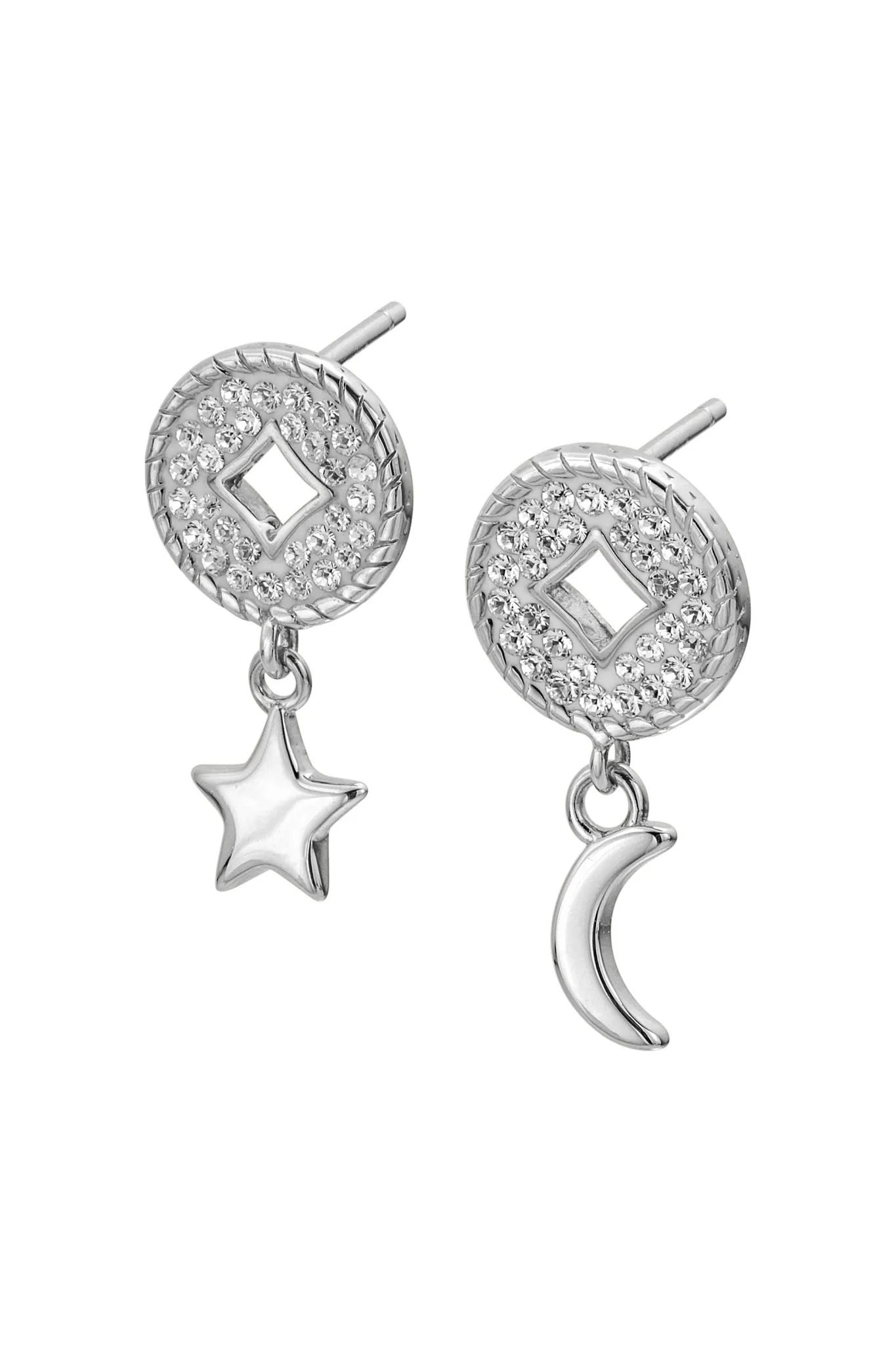 Sterling Silver Crystal Crescent Moon and Star Drop Round Stud Earrings