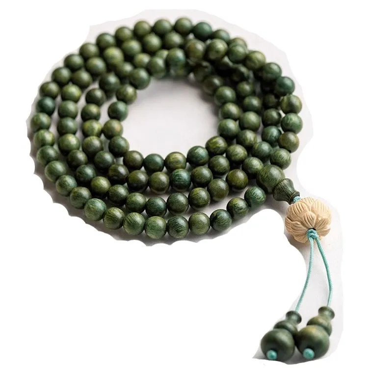 Sterling Silver Green Sandalwood Buddha Beads Bracelet Set