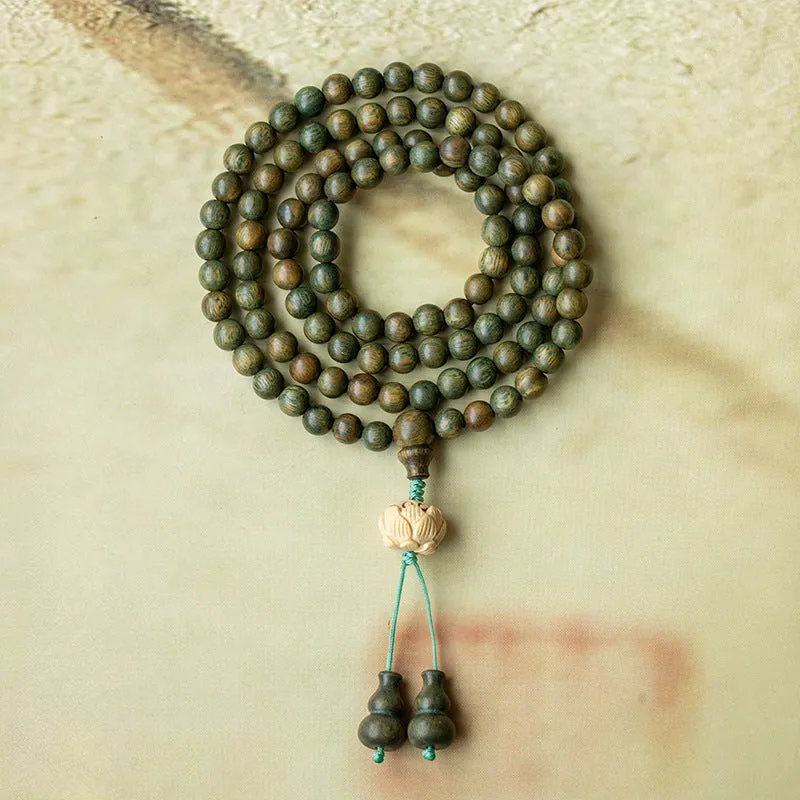 Sterling Silver Green Sandalwood Buddha Beads Bracelet Set