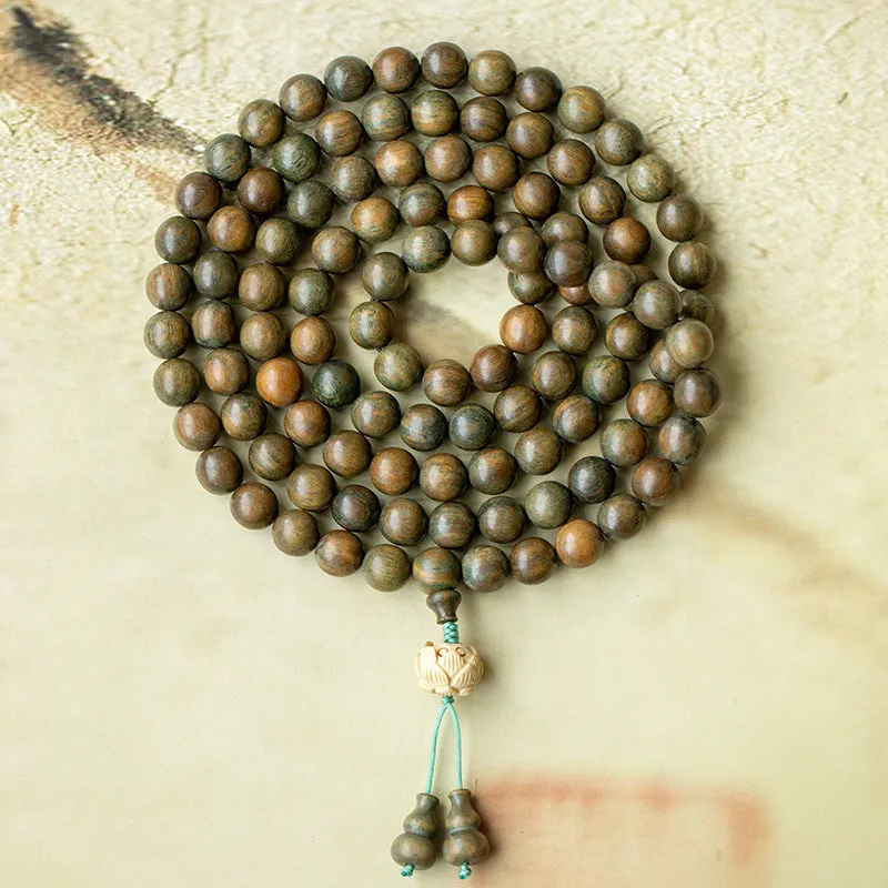 Sterling Silver Green Sandalwood Buddha Beads Bracelet Set