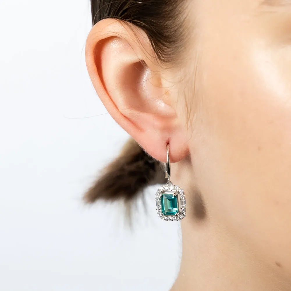 Sterling Silver Rhodium Plated White And Emerald Green Cubic Zirconia Rectangular Drop Earrings