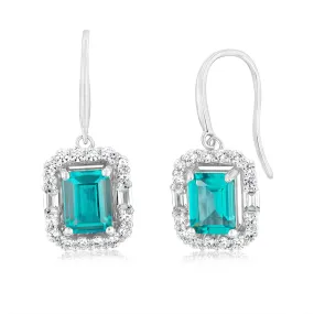 Sterling Silver Rhodium Plated White And Emerald Green Cubic Zirconia Rectangular Drop Earrings