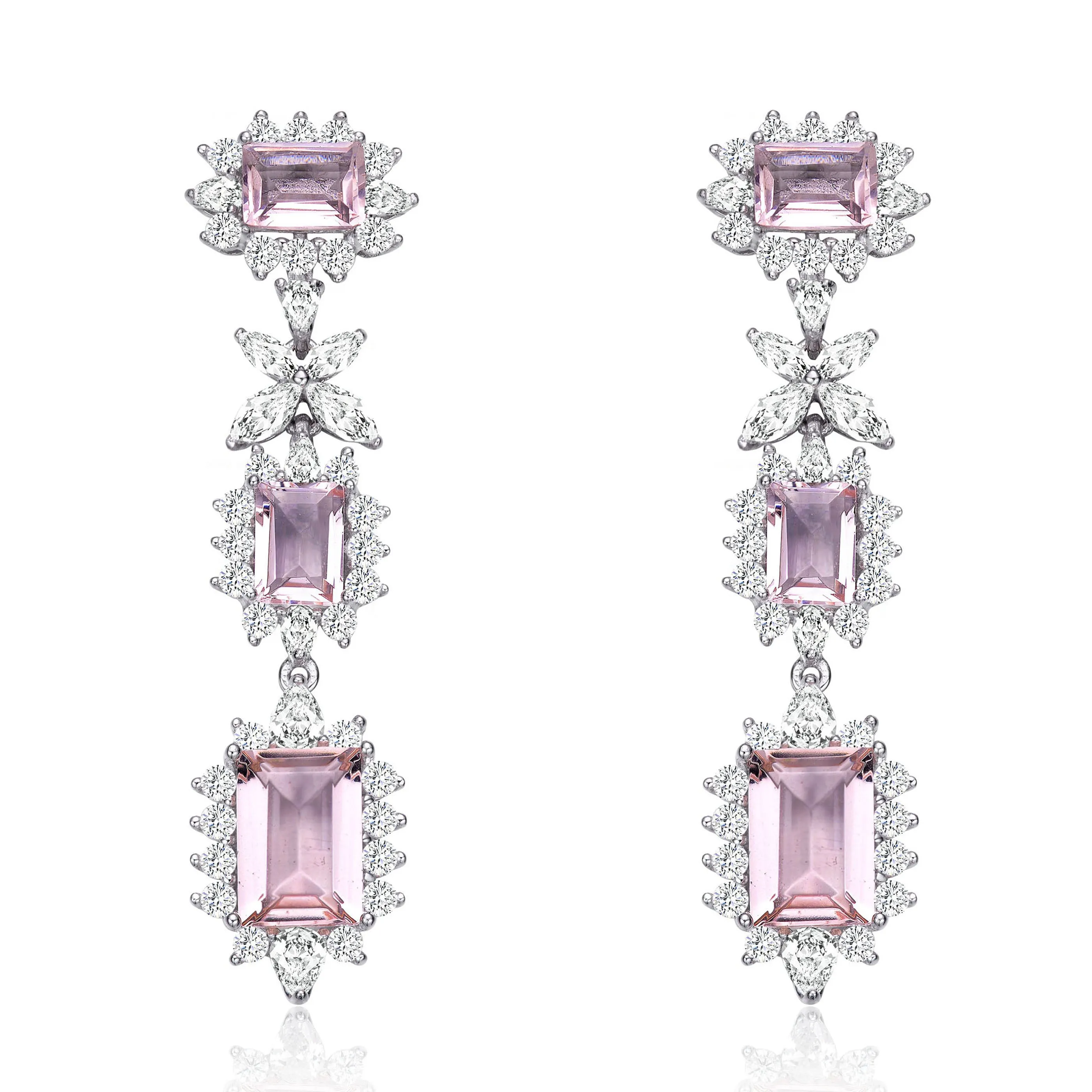 Sterling Silver with Rhodium Plated Morganite Emerald with Clear Cubic Zirconia Halo Three-Tier Earrings