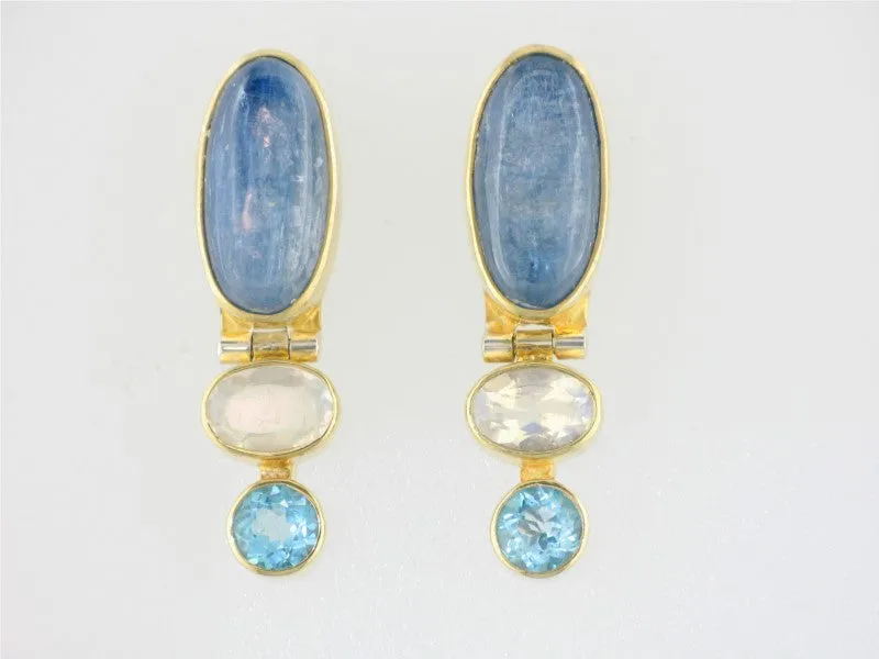 Sterling Silver Yellow Gold Plated Kyanite, Moonstone, and Baby Blue Topaz Earrings