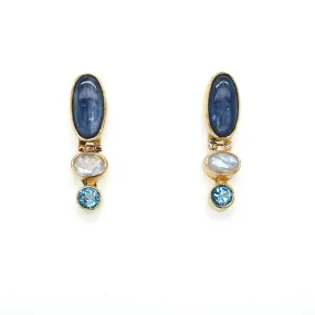 Sterling Silver Yellow Gold Plated Kyanite, Moonstone, and Baby Blue Topaz Earrings