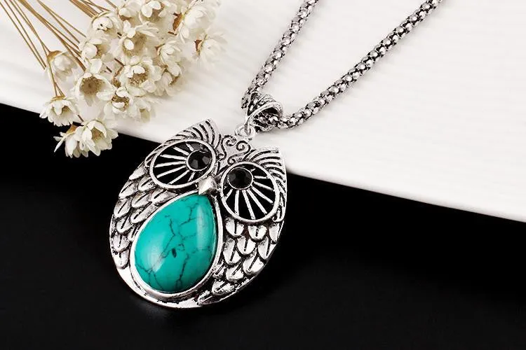 Summer Style Jewelry Sets Silver Plated Vintage Turquoise Pendant Necklace Owl Drop Earrings Charm Bracelet Fashion For women