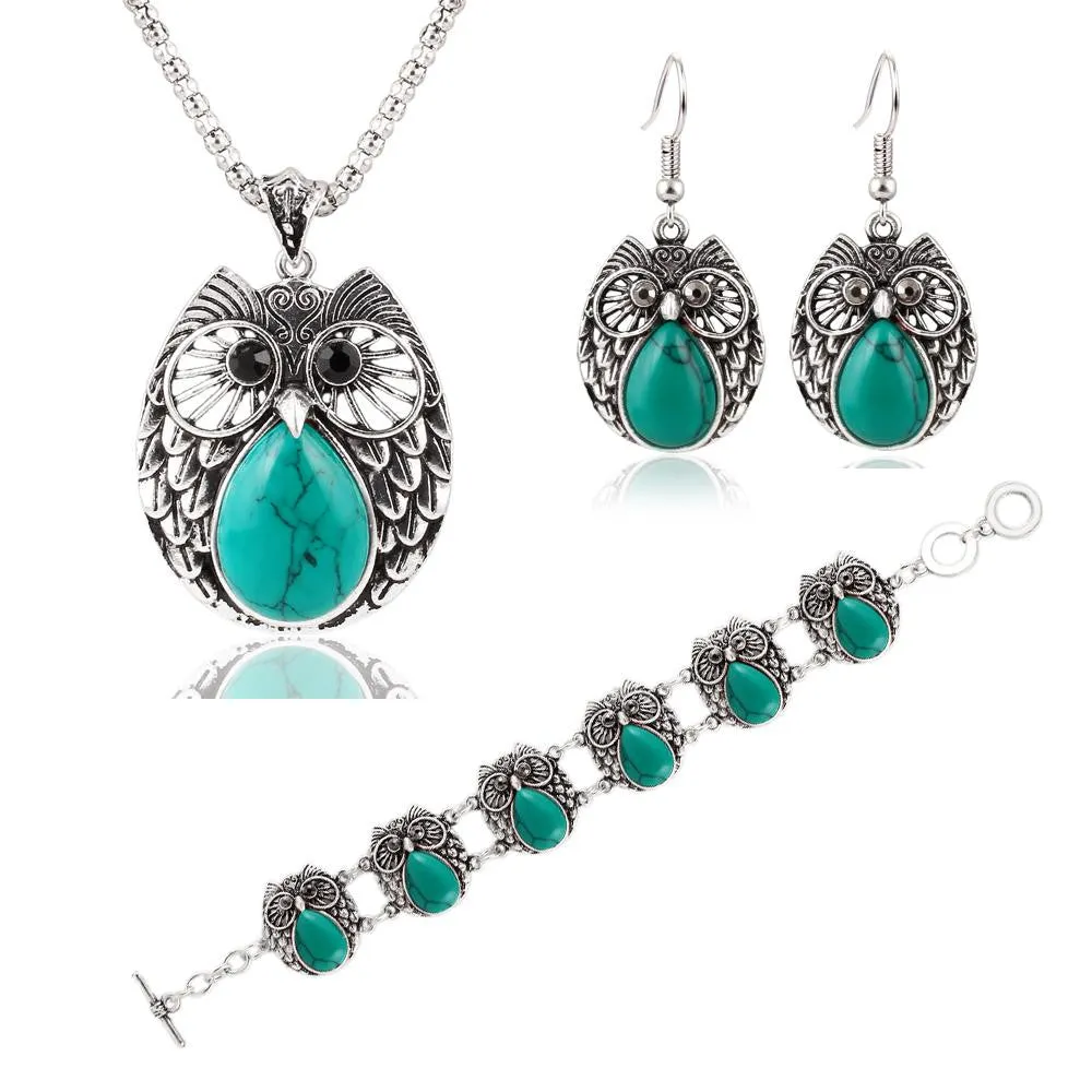 Summer Style Jewelry Sets Silver Plated Vintage Turquoise Pendant Necklace Owl Drop Earrings Charm Bracelet Fashion For women