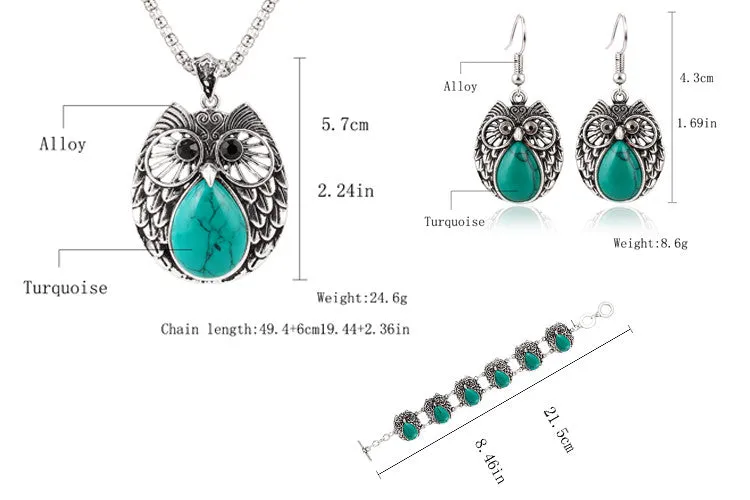 Summer Style Jewelry Sets Silver Plated Vintage Turquoise Pendant Necklace Owl Drop Earrings Charm Bracelet Fashion For women