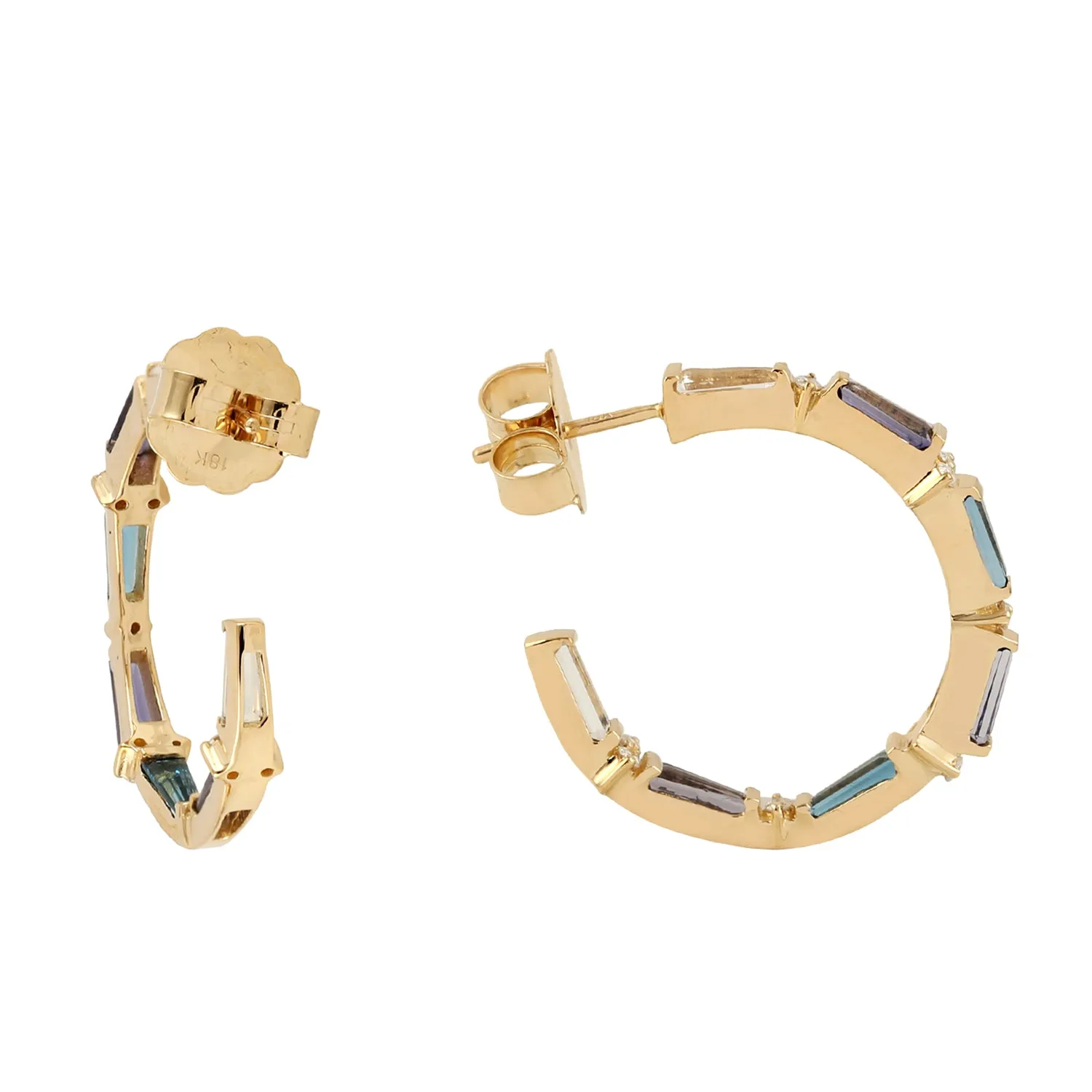 Tapered Baguette Topaz Multi Gemstone Pave Diamond Hoop Earrings In 18k Yellow Gold