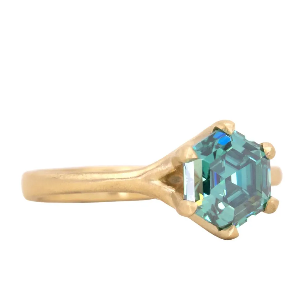 Teal Green Hexagon Moissanite Six Prong Split Shank Solitaire in 18k Yellow Satin Finished Gold