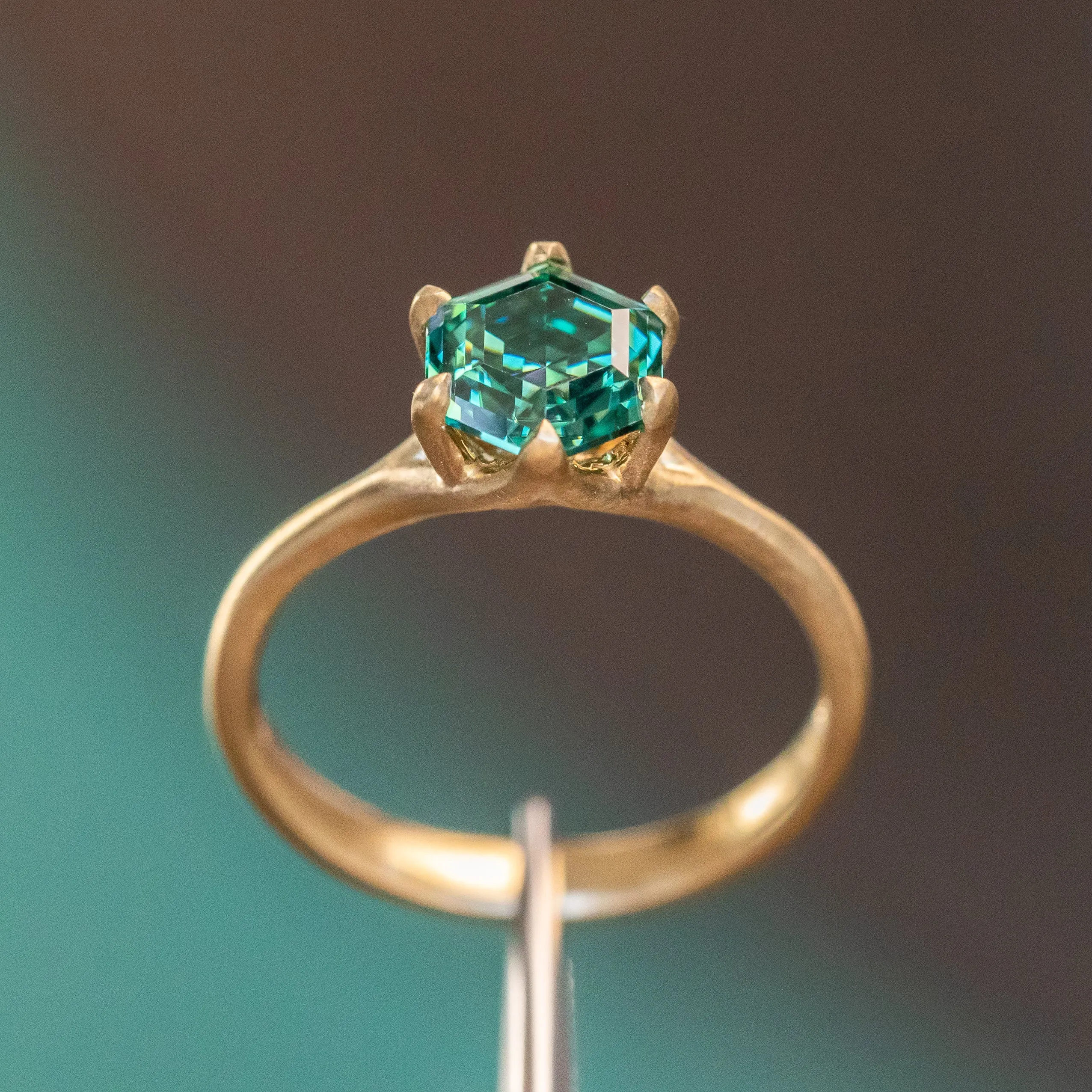 Teal Green Hexagon Moissanite Six Prong Split Shank Solitaire in 18k Yellow Satin Finished Gold