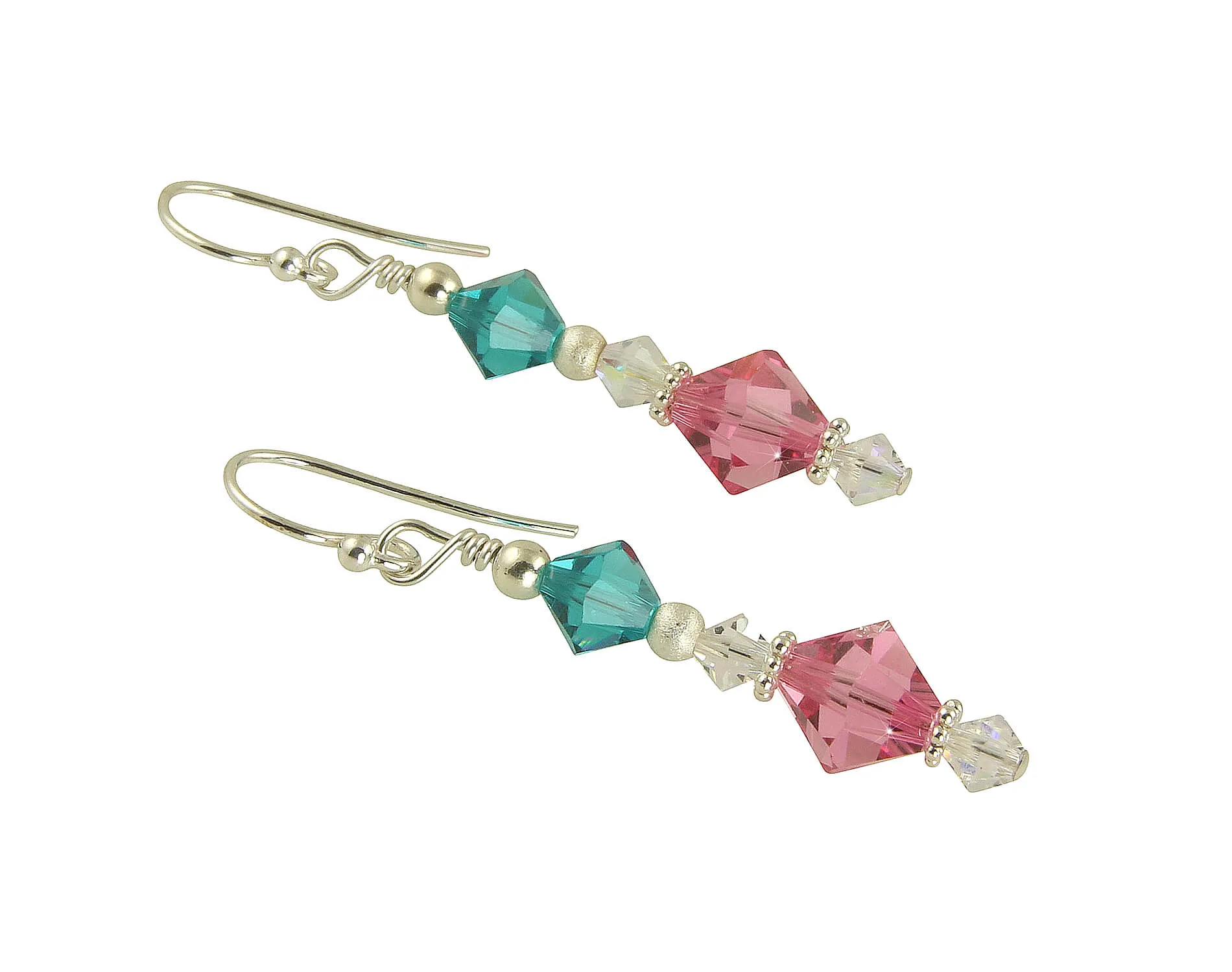 Teal Rose Pink Crystal Beaded Earrings