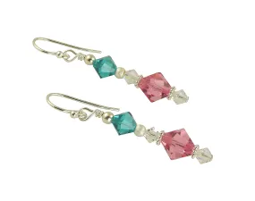 Teal Rose Pink Crystal Beaded Earrings