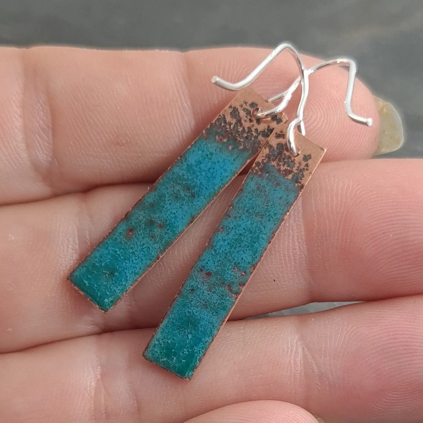 Teal speckle enamelled copper earrings on sterling silver wires