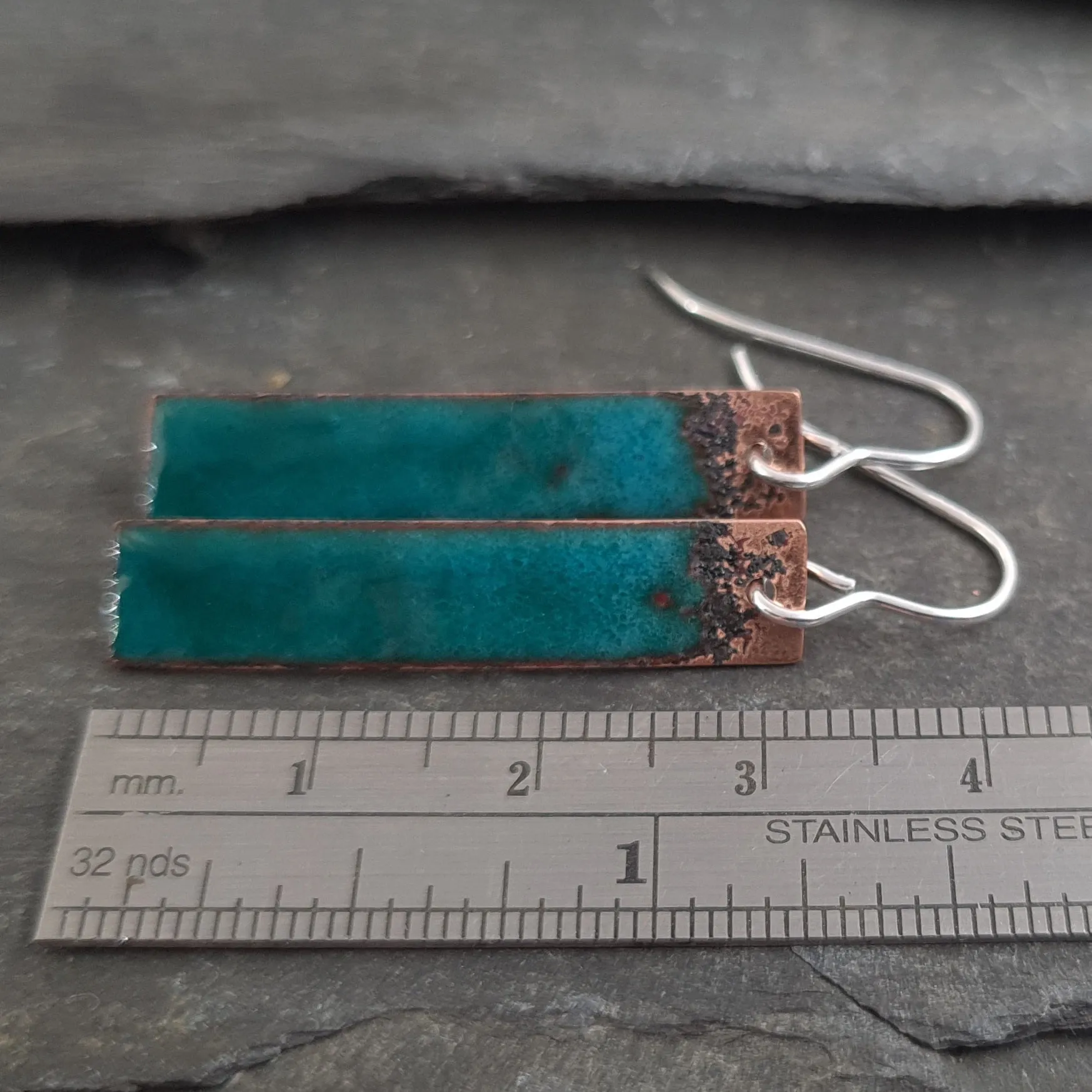 Teal speckle enamelled copper earrings on sterling silver wires