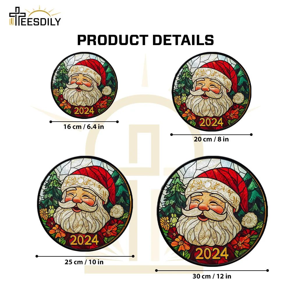 Teesdily | Christmas Santa Round Stained Glass Suncatcher, Noel Santa Claus And Reindeers Window Hanging Decor, Christmas Gifts