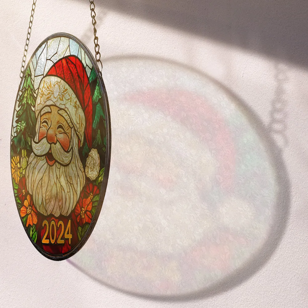 Teesdily | Christmas Santa Round Stained Glass Suncatcher, Noel Santa Claus And Reindeers Window Hanging Decor, Christmas Gifts