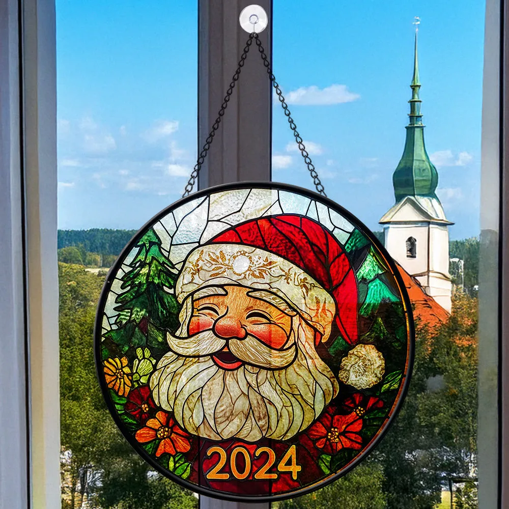 Teesdily | Christmas Santa Round Stained Glass Suncatcher, Noel Santa Claus And Reindeers Window Hanging Decor, Christmas Gifts