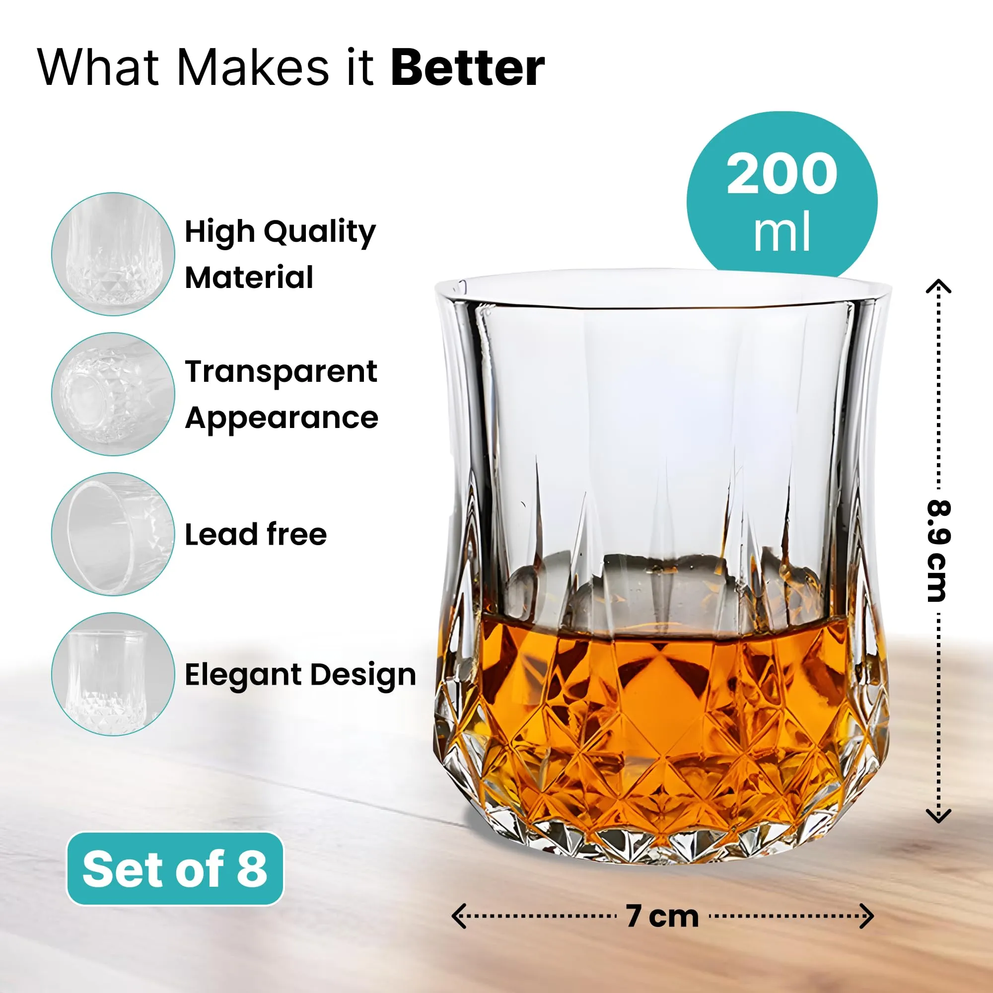 The Better Home Zest Whiskey Glasses Set of 8 (200ml Each) | Lead Free Neat Whiskey Glass | Heavy Bottom Drinking Glass | Crystal Glass for Bar Home | Glass for Drinks | Cocktail Glasses