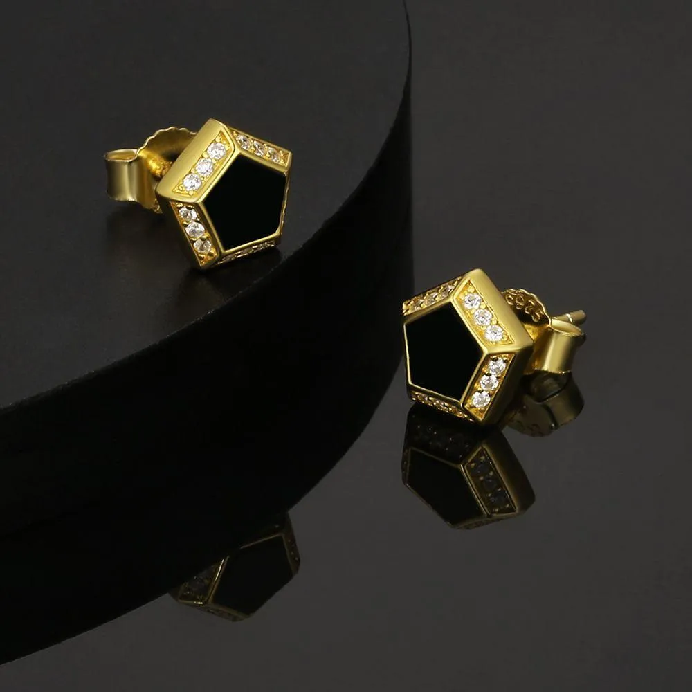 THE DARTH VADER® - Pentagon Black Diamond Stud Earrings in 14K Gold