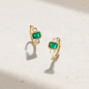 Three Stone Octagonal Emerald and Diamond Huggie Earrings