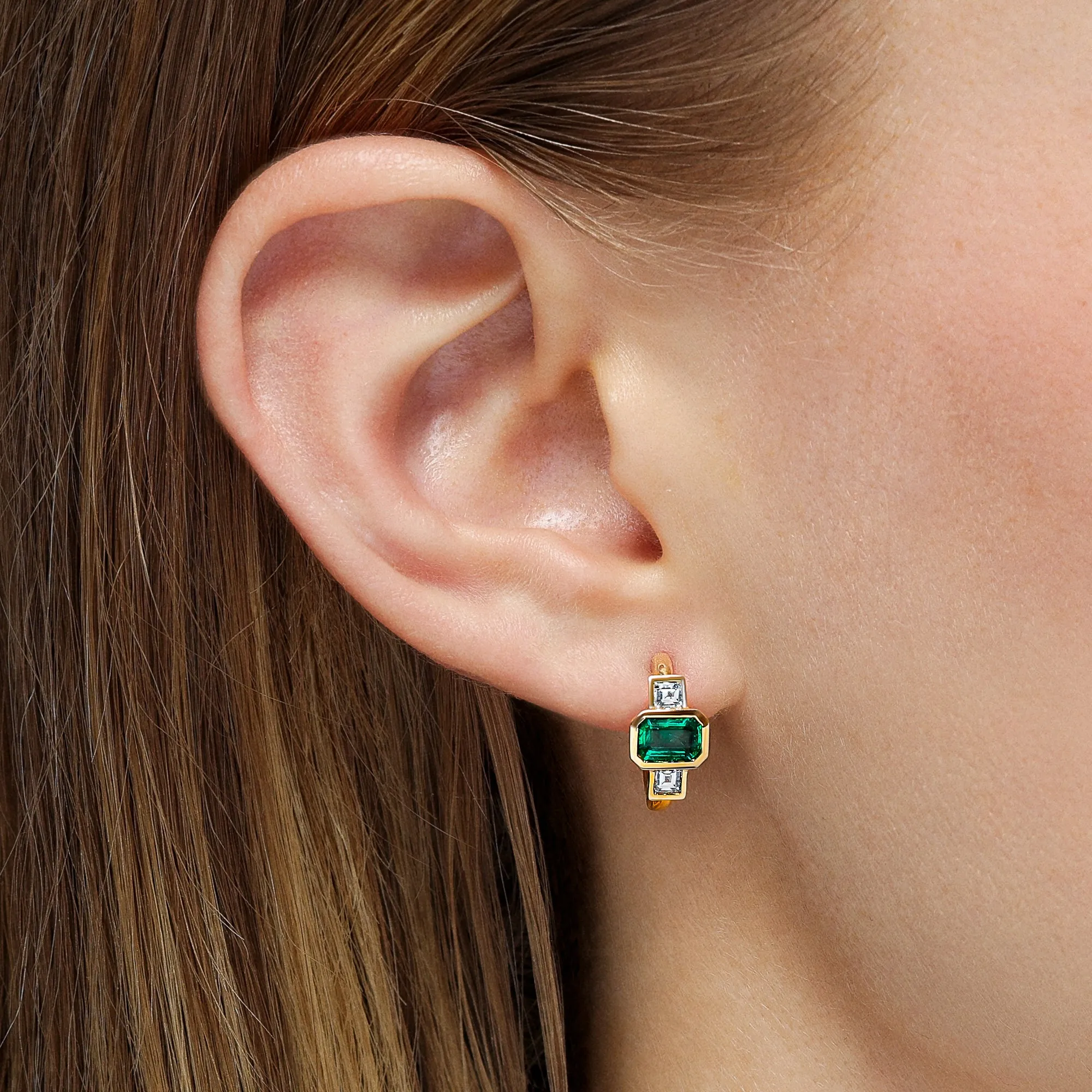 Three Stone Octagonal Emerald and Diamond Huggie Earrings