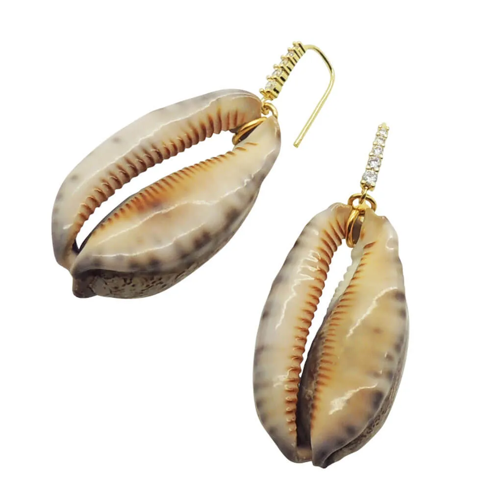 Tiger Cowrie Shell Charm Diamante Earrings