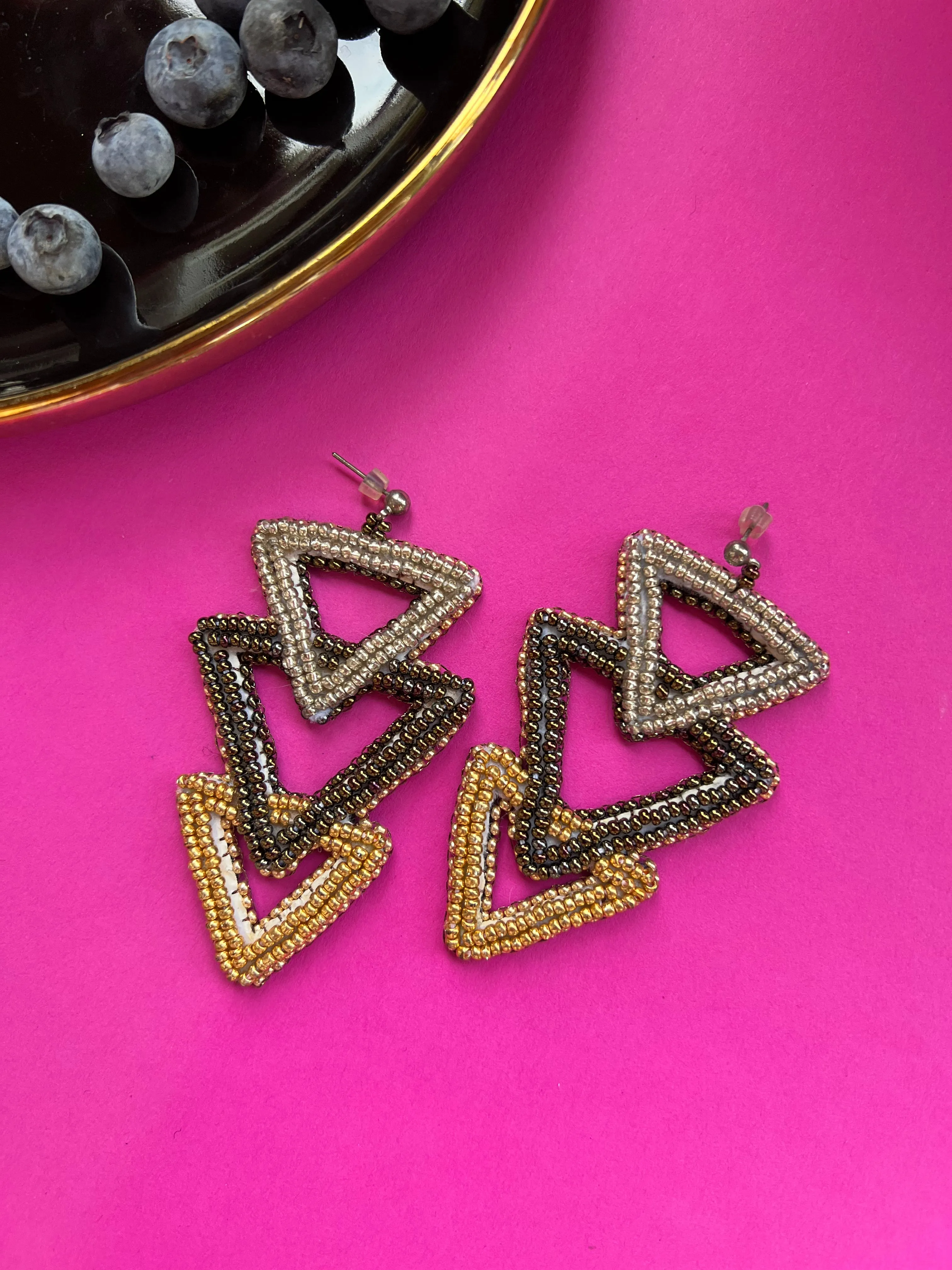 Triangle evil eye earrings silver and gold