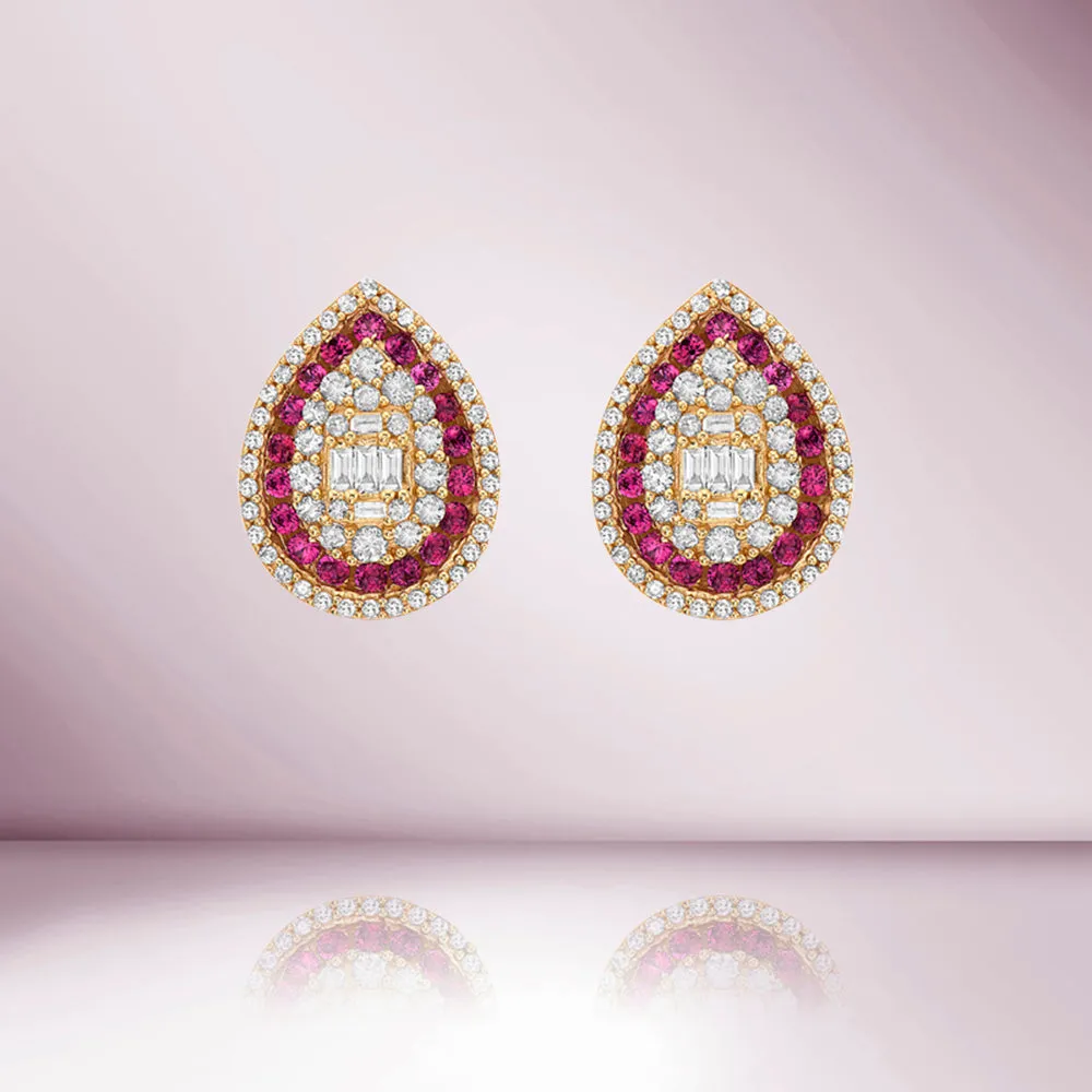 Triple Halo Diamonds & Rubies Pear Shape Studs Earring (1.45 ct.) in 14K Gold