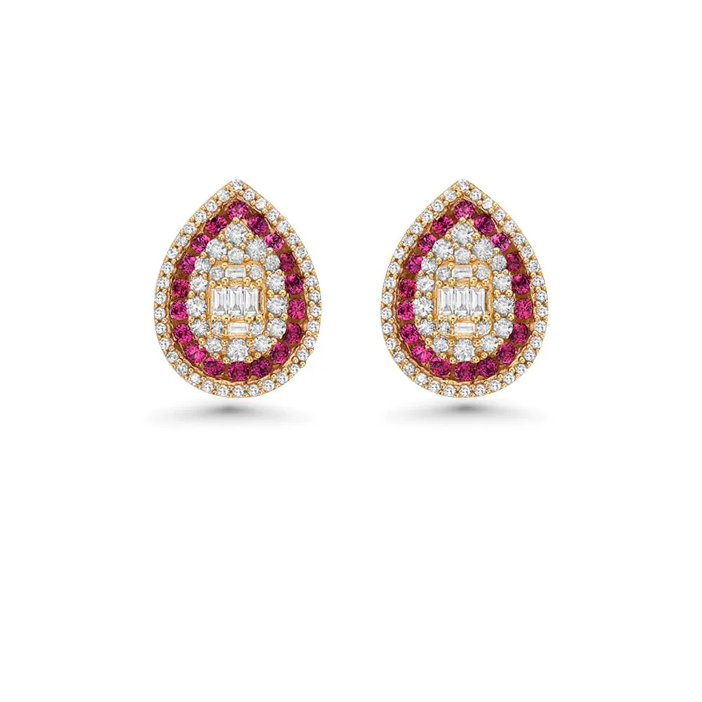 Triple Halo Diamonds & Rubies Pear Shape Studs Earring (1.45 ct.) in 14K Gold