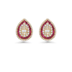 Triple Halo Diamonds & Rubies Pear Shape Studs Earring (1.45 ct.) in 14K Gold