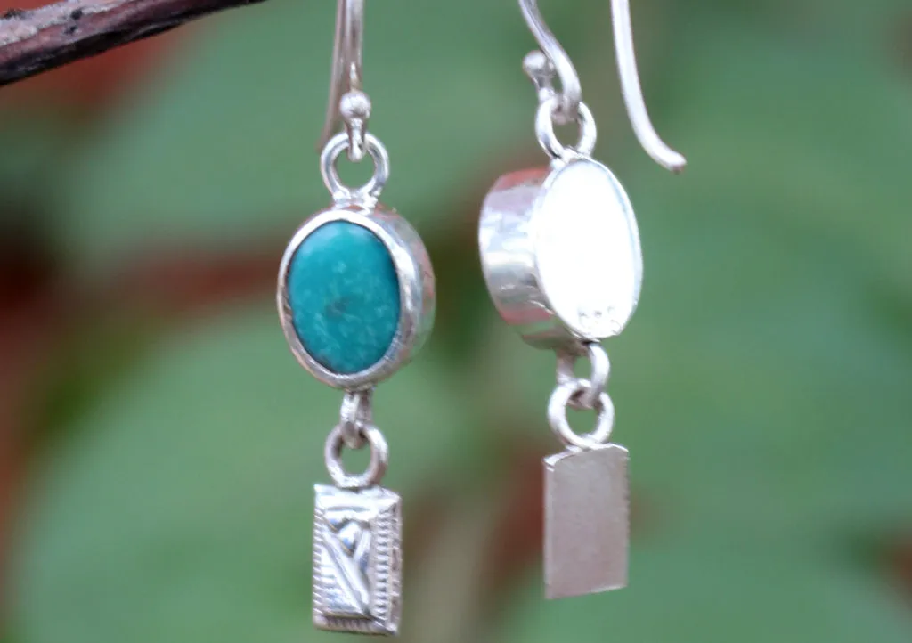 Turquoise Inlaid Round Silver Drop Earrings