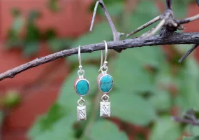 Turquoise Inlaid Round Silver Drop Earrings