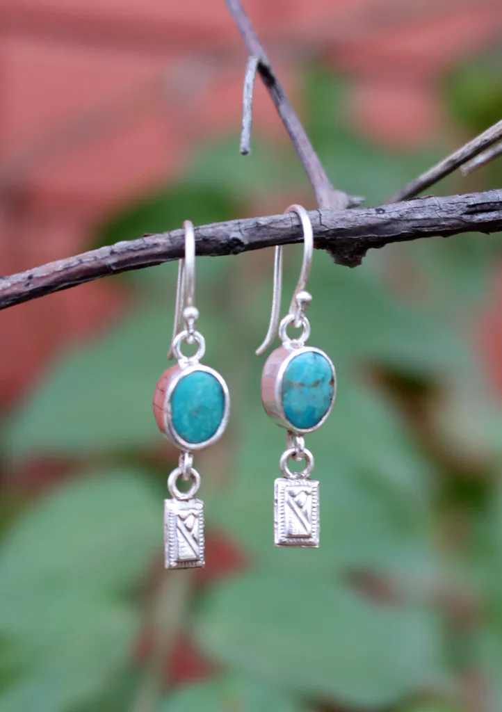 Turquoise Inlaid Round Silver Drop Earrings